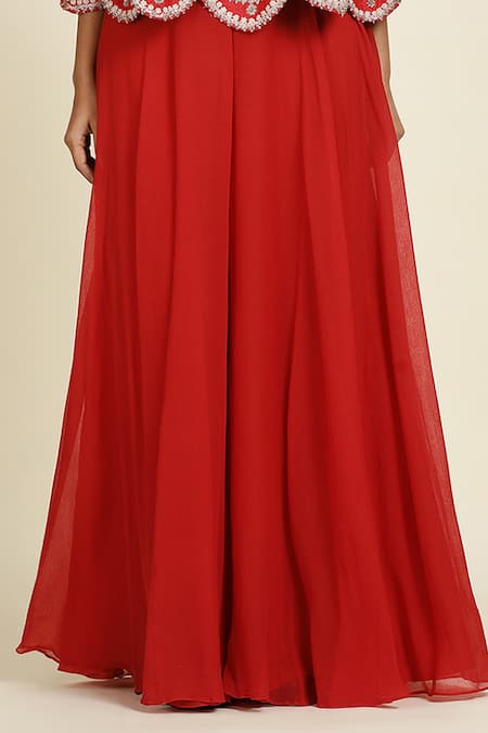 Buy_Oshi By Shikha_Red Taffeta, Chiffon Zari Round Neck Zardozi Embroidered Cape And Sharara Set _Online_at_Aza_Fashions