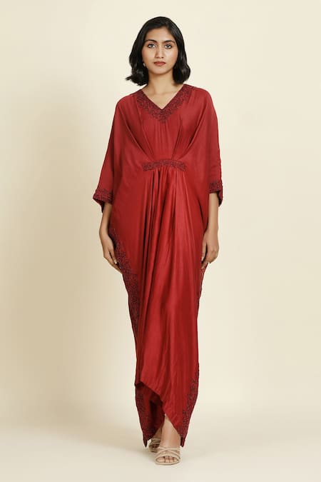 Shop_Oshi By Shikha_Maroon Silk, Chanderi, Taffeta Embroidery V-neck Kaftan _Online_at_Aza_Fashions