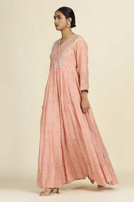 Buy_Oshi By Shikha_Pink Chanderi, , Organza Embroidery V-neck Anarkali Set _Online_at_Aza_Fashions