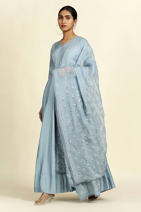 Buy_Oshi By Shikha_Blue , Organza Embroidery V-neck Anarkali Set With Dupatta _Online_at_Aza_Fashions