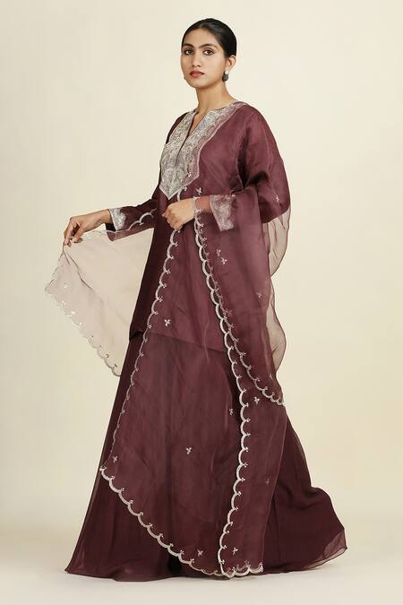 Shop_Oshi By Shikha_Purple , Chiffon, Organza Sequins, Embroidery Split Kurta Sharara Set_Online_at_Aza_Fashions