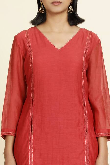 Buy_Oshi By Shikha_Red Silk, Silk, Short Kurta And Polka Dot Print Pant Set _Online_at_Aza_Fashions