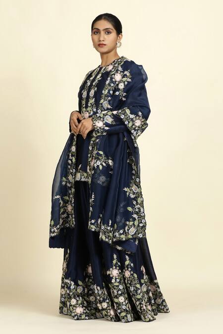 Shop_Oshi By Shikha_Blue Chanderi , Organza, Crepe Embroidery Round Floral Sharara Set _Online_at_Aza_Fashions