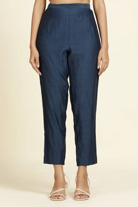 Shop_Oshi By Shikha_Blue , Organza Embroidery Round Neck Chanderi Anarkali Set _Online_at_Aza_Fashions