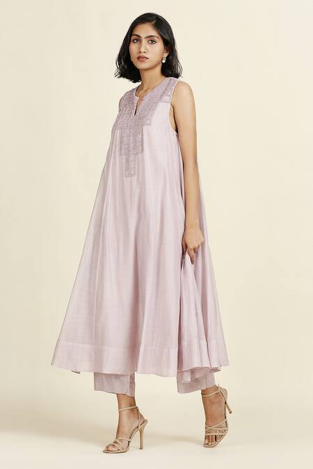 Oshi By Shikha_Purple Chanderi, , Organza, Muslin Embroidery Neckline Anarkali Set _at_Aza_Fashions