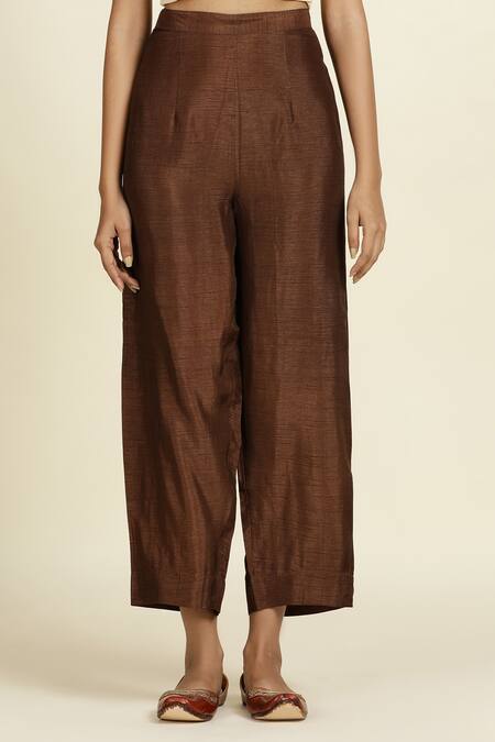 Buy_Oshi By Shikha_Brown Chanderi, , Organza Embroidery, Sequins Split V-neck Anarkali Set _Online_at_Aza_Fashions