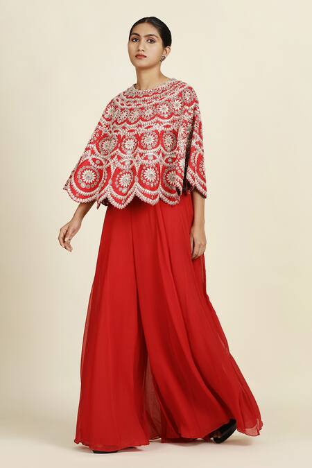 Shop_Oshi By Shikha_Red Taffeta, Chiffon Zari Round Neck Zardozi Embroidered Cape And Sharara Set _Online_at_Aza_Fashions