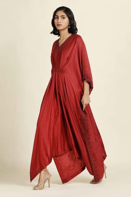 Oshi By Shikha_Maroon Silk, Chanderi, Taffeta Embroidery V-neck Kaftan _at_Aza_Fashions