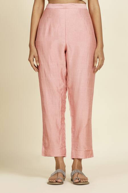 Shop_Oshi By Shikha_Pink Chanderi, , Organza Embroidery V-neck Anarkali Set _Online_at_Aza_Fashions