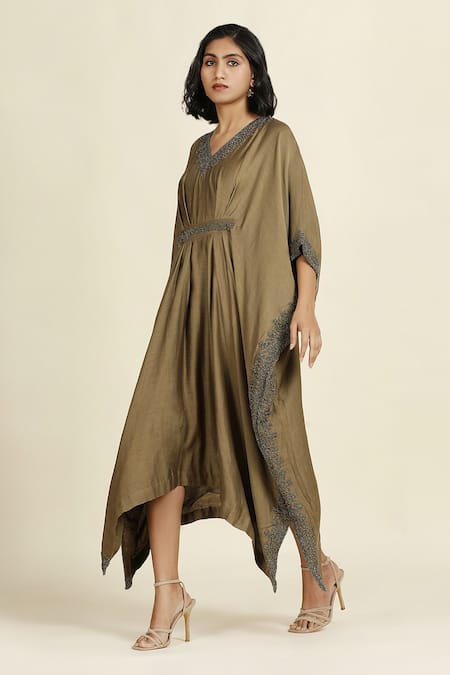 Shop_Oshi By Shikha_Green Silk, Chanderi, Taffeta Embroidery V-neck Kaftan _Online_at_Aza_Fashions