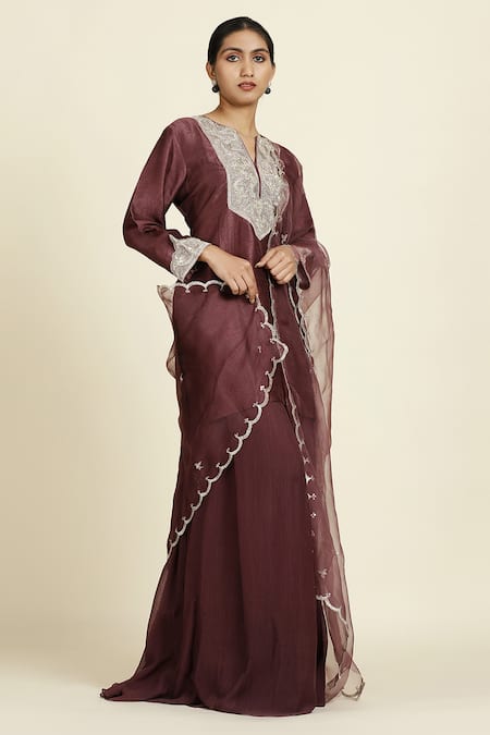 Oshi By Shikha_Purple , Chiffon, Organza Sequins, Embroidery Split Kurta Sharara Set_at_Aza_Fashions