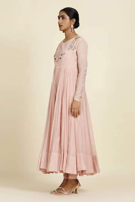 Shop_Oshi By Shikha_Pink Chanderi, Silk Organza, Silk, Muslin Pleated Anarkali Set With Dupatta_Online_at_Aza_Fashions