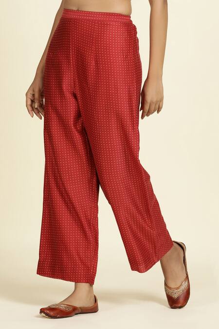 Shop_Oshi By Shikha_Red Silk, Silk, Short Kurta And Polka Dot Print Pant Set _Online_at_Aza_Fashions