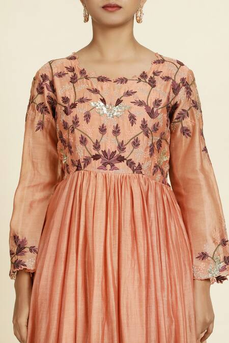 Buy_Oshi By Shikha_Peach , Organza, Muslin Embroidery, Sequins, Metallic Yoke Anarkali Set _Online_at_Aza_Fashions