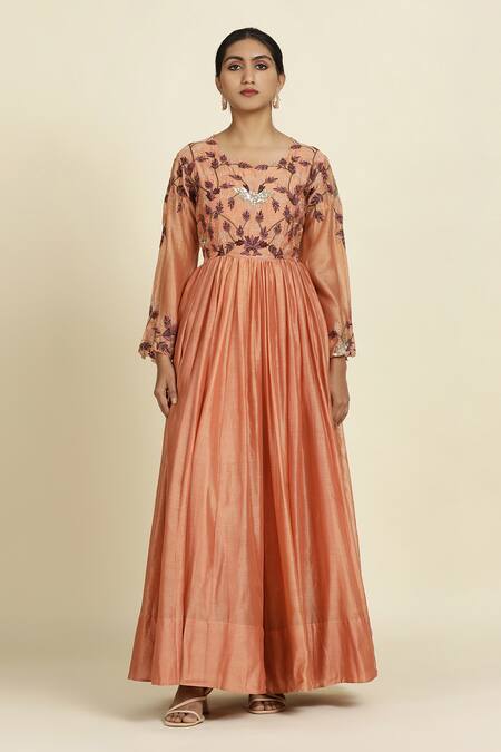 Shop_Oshi By Shikha_Peach , Organza, Muslin Embroidery, Sequins, Metallic Yoke Anarkali Set _Online_at_Aza_Fashions