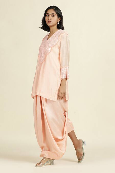 Shop_Oshi By Shikha_Pink Silk, Chanderi, Muslin Hand Embroidered Short Kurta And Draped Skirt Set_Online_at_Aza_Fashions