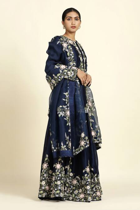 Oshi By Shikha_Blue Chanderi , Organza, Crepe Embroidery Round Floral Sharara Set _at_Aza_Fashions