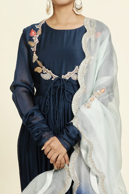 Oshi By Shikha_Blue , Organza Embroidery Round Neck Chanderi Anarkali Set _at_Aza_Fashions