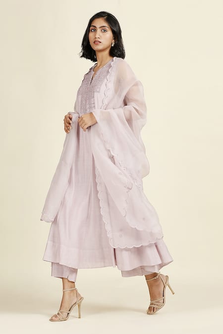 Buy_Oshi By Shikha_Purple Chanderi, , Organza, Muslin Embroidery Neckline Anarkali Set 