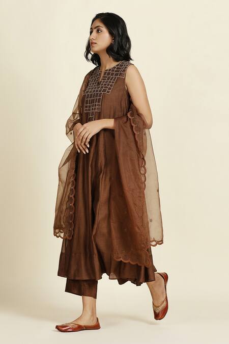 Shop_Oshi By Shikha_Brown Chanderi, , Organza Embroidery, Sequins Split V-neck Anarkali Set _Online_at_Aza_Fashions
