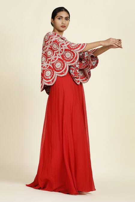 Oshi By Shikha_Red Taffeta, Chiffon Zari Round Neck Zardozi Embroidered Cape And Sharara Set _at_Aza_Fashions