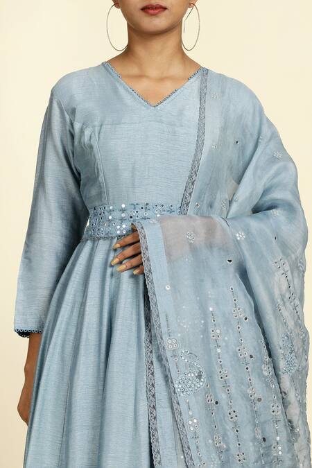 Shop_Oshi By Shikha_Blue , Organza Embroidery V-neck Anarkali Set With Dupatta _Online_at_Aza_Fashions