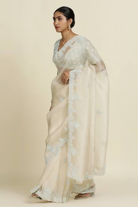 Oshi By Shikha_Off White , Taffeta, Silk Embroidery Placement Saree With Blouse _at_Aza_Fashions