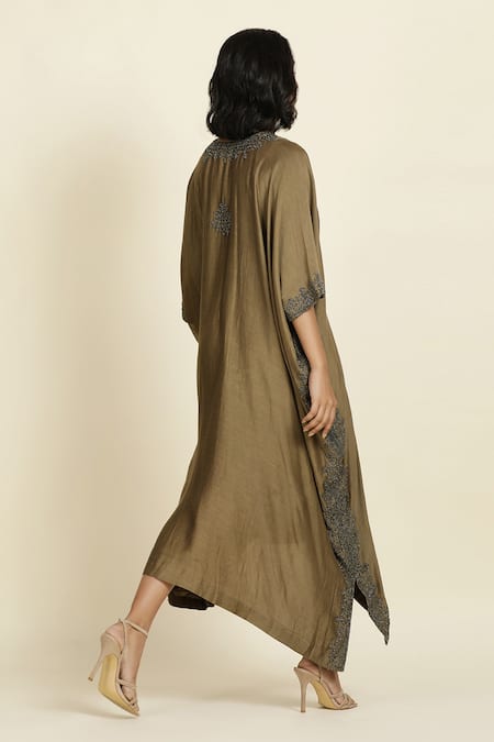 Oshi By Shikha_Green Silk, Chanderi, Taffeta Embroidery V-neck Kaftan _at_Aza_Fashions