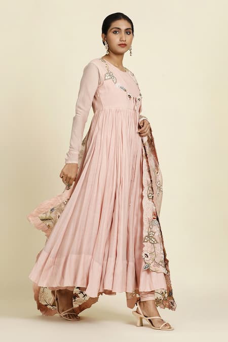 Oshi By Shikha_Pink Chanderi, Silk Organza, Silk, Muslin Pleated Anarkali Set With Dupatta_at_Aza_Fashions