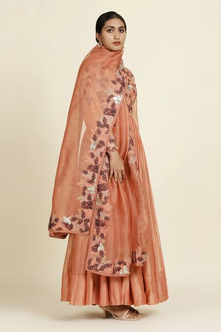 Oshi By Shikha_Peach , Organza, Muslin Embroidery, Sequins, Metallic Yoke Anarkali Set _at_Aza_Fashions