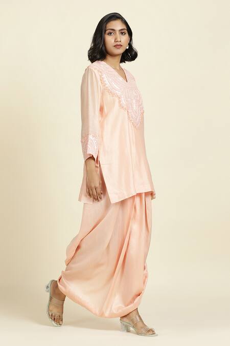 Oshi By Shikha_Pink Silk, Chanderi, Muslin Hand Embroidered Short Kurta And Draped Skirt Set_at_Aza_Fashions