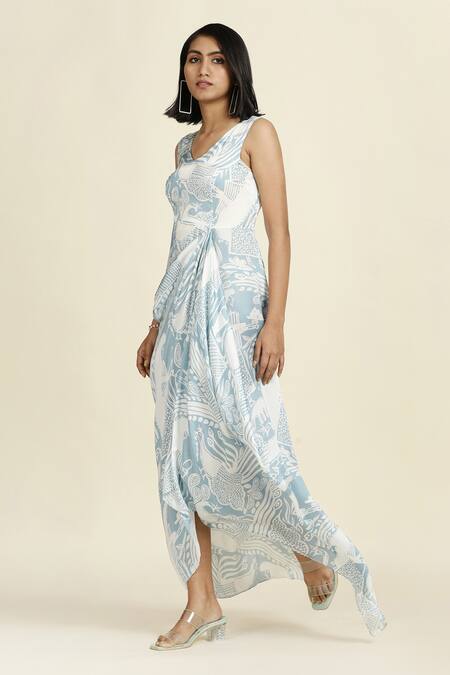 Oshi By Shikha_Blue Silk Organza Embroidery V-, Open Printed Draped Dress With Jacket _at_Aza_Fashions