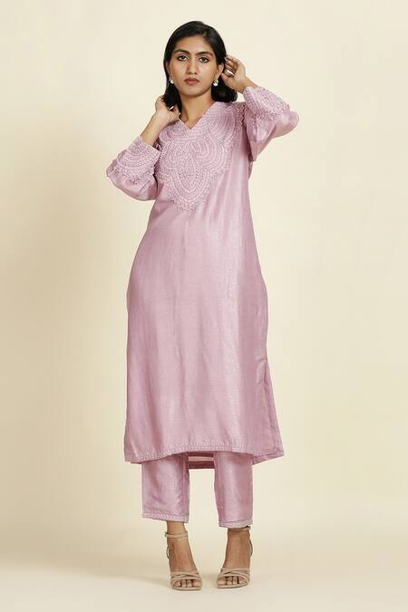 Oshi By Shikha_Purple , Organza Sequins, Embroidery V-neck Tonal Kurta Pant Set _at_Aza_Fashions