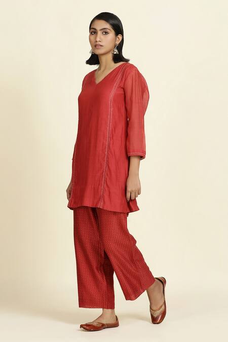 Oshi By Shikha_Red Silk, Silk, Short Kurta And Polka Dot Print Pant Set _at_Aza_Fashions