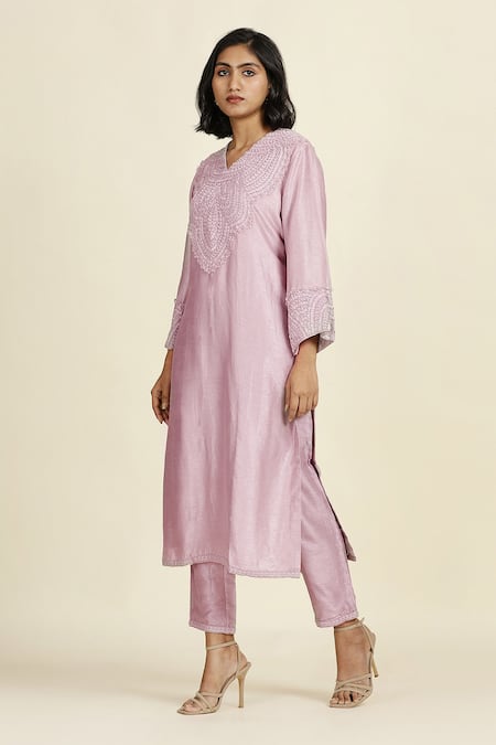 Buy_Oshi By Shikha_Purple , Organza Sequins, Embroidery V-neck Tonal Kurta Pant Set 