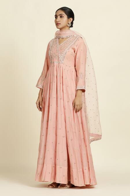 Buy_Oshi By Shikha_Pink Chanderi, , Organza Embroidery V-neck Anarkali Set 
