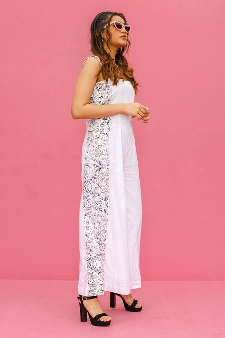 Buy_Label Shristi Chetani_White Cotton Square Neck Side Floral Print Panel Jumpsuit _Online_at_Aza_Fashions