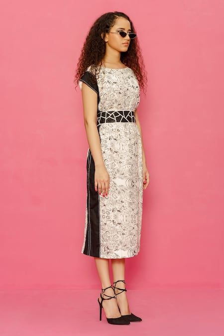 Buy_Label Shristi Chetani_Black Georgette, Cotton Cut Work Abstract Print Dress With Embellished Belt _Online_at_Aza_Fashions