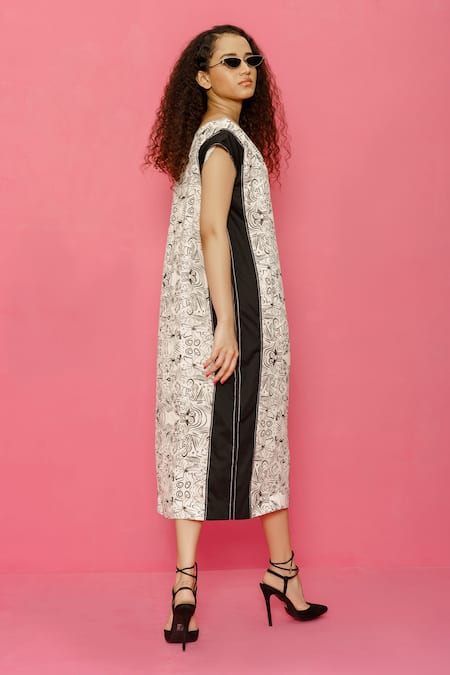 Shop_Label Shristi Chetani_Black Georgette, Cotton Cut Work Abstract Print Dress With Embellished Belt _Online_at_Aza_Fashions