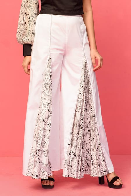 Buy_Label Shristi Chetani_White Cotton Abstract Print Flared Pant _Online_at_Aza_Fashions