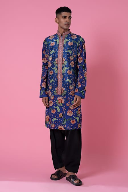 Buy_Siddhartha Bansal_Blue Cotton Dobby Stripe Printed Wild Flower Kurta Set  _Online_at_Aza_Fashions