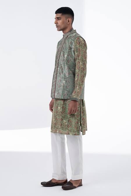 Buy_Siddhartha Bansal_Green Silk Embroidery Printed Royal Chintz Bundi _Online_at_Aza_Fashions