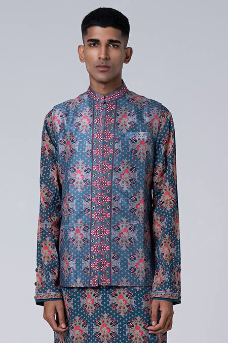 Siddhartha Bansal_Gray Silk Embroidery Paisley Printed Dupion Bundi _Online_at_Aza_Fashions