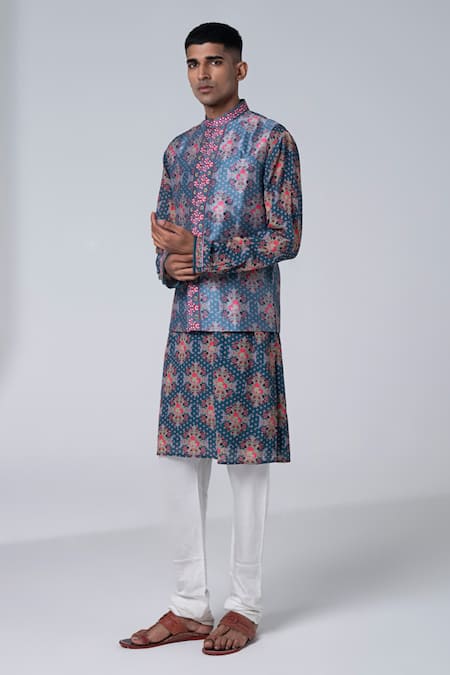 Buy_Siddhartha Bansal_Gray Silk Embroidery Paisley Printed Dupion Bundi _Online_at_Aza_Fashions