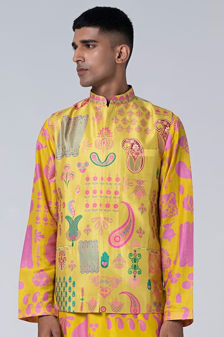 Siddhartha Bansal_Yellow Silk Embroidery Hamsa Print Dupion Bundi _Online_at_Aza_Fashions