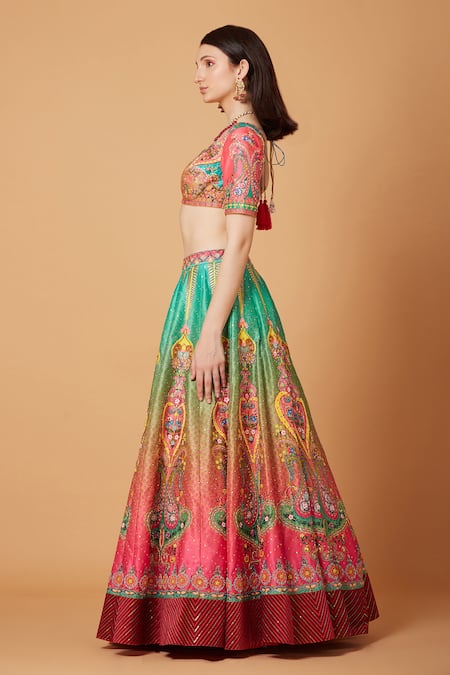 Buy_Siddhartha Bansal_Green Dupion Embroidered Ombre Effect Paisley Bridal Lehenga Set  _Online_at_Aza_Fashions