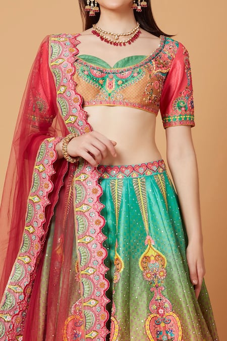 Siddhartha Bansal_Green Dupion Embroidered Ombre Effect Paisley Bridal Lehenga Set  _at_Aza_Fashions