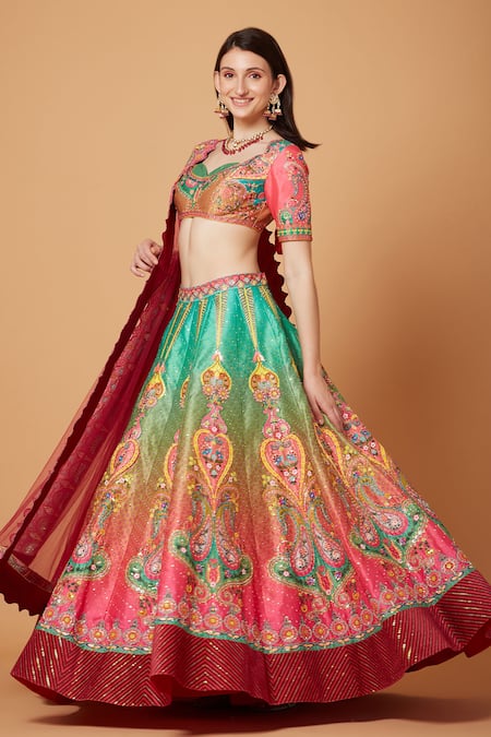 Shop_Siddhartha Bansal_Green Dupion Embroidered Ombre Effect Paisley Bridal Lehenga Set  _Online_at_Aza_Fashions