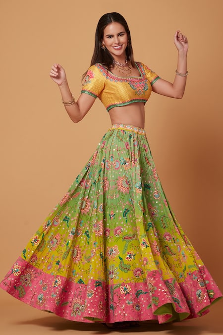 Buy_Siddhartha Bansal_Yellow Dupion Ombre Effect Sequin Floweret Bridal Lehenga Set  _Online_at_Aza_Fashions