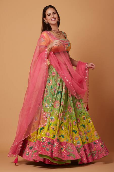 Siddhartha Bansal_Yellow Dupion Ombre Effect Sequin Floweret Bridal Lehenga Set  _at_Aza_Fashions